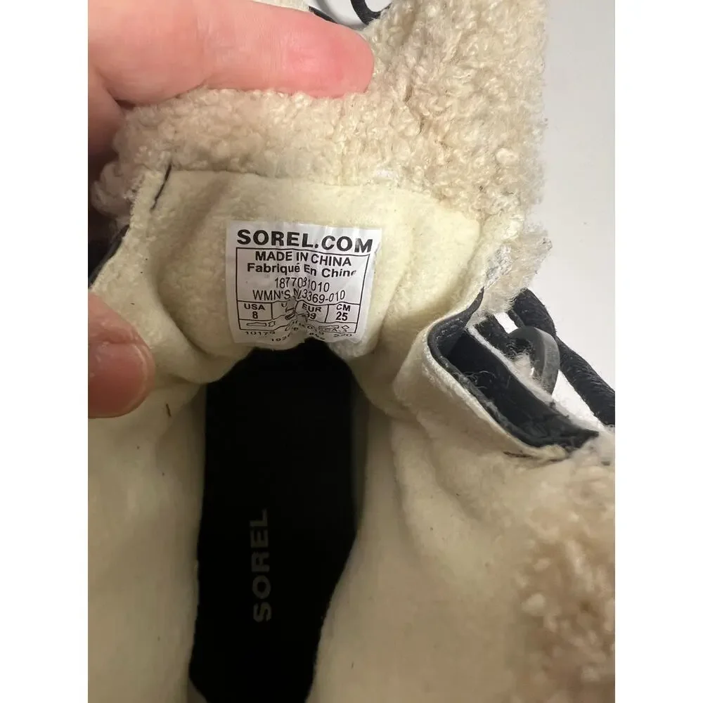 Sorel EUC Black Leather Joan of Arctic Wedge II Shearling Waterproof Boot Size 8